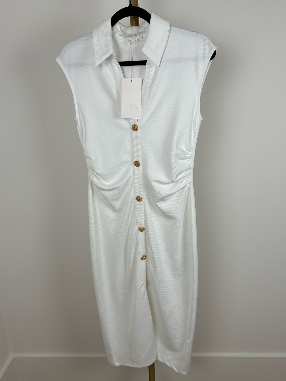 Zara NWT White Collared Sleeveless Button-Front Midi Dress with Gold Buttons